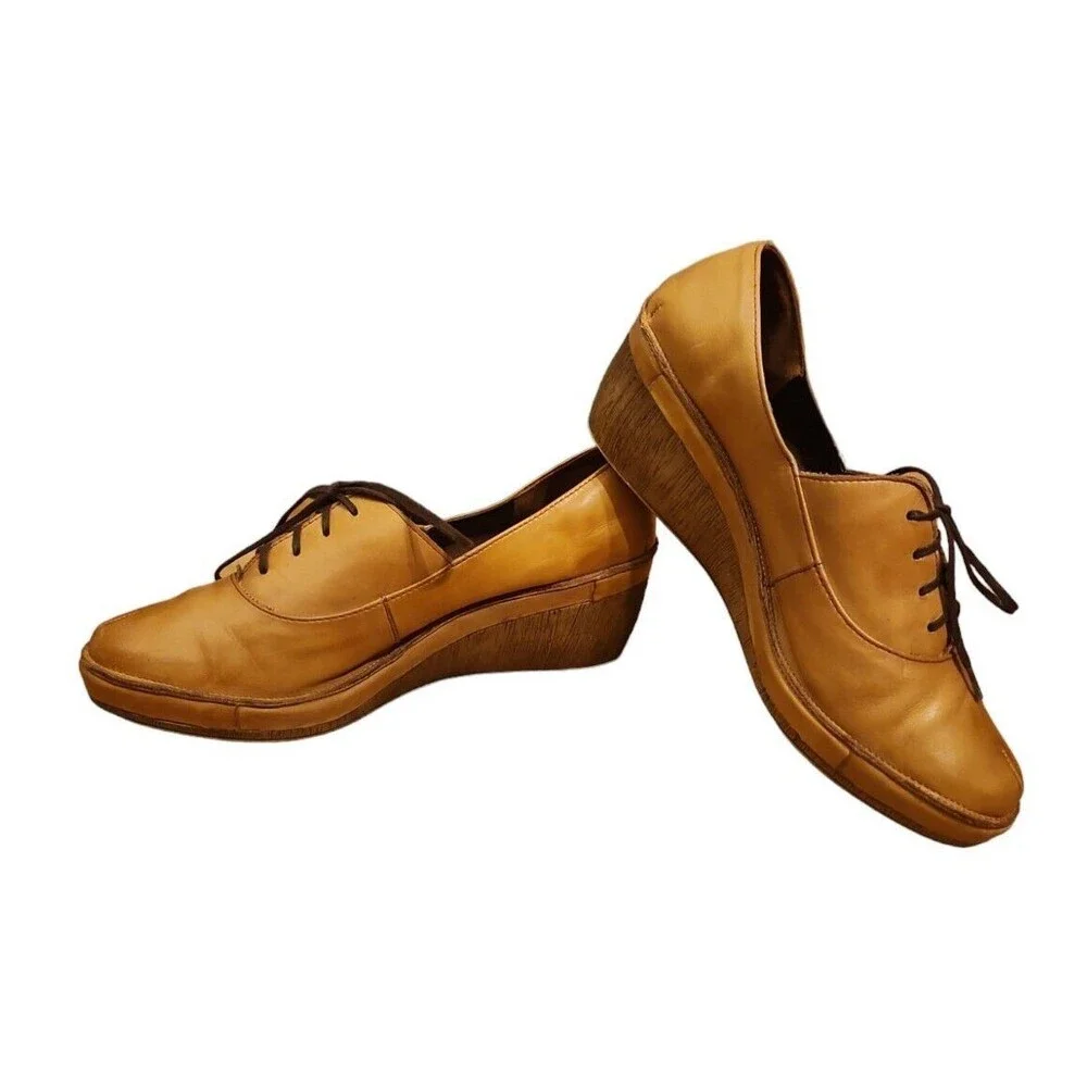 Rylko Relax Wedge Women's Size 38  Vintage Polish Leather Lace Up Camel Shoes